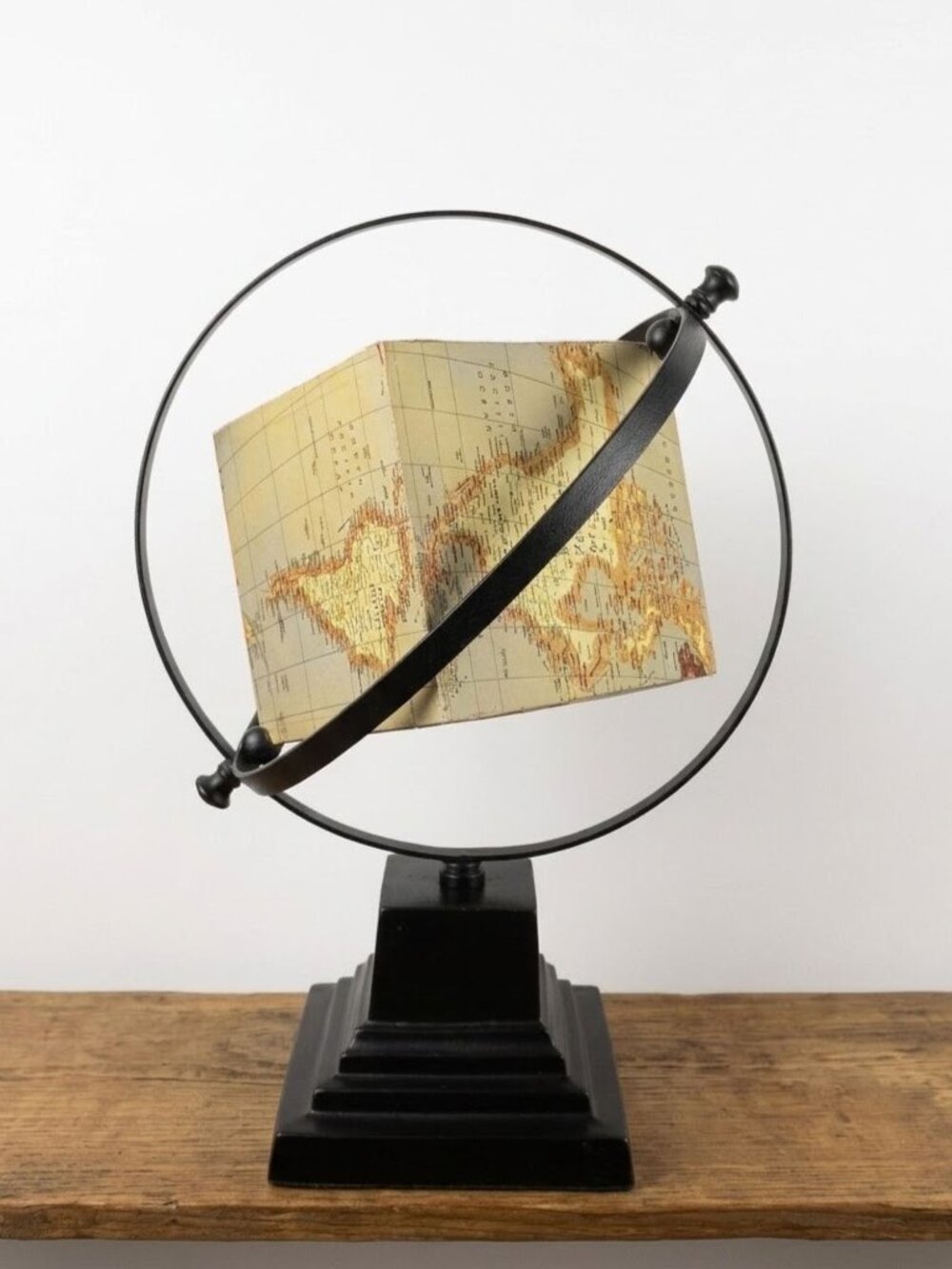 Vintage Cube World Globe Gyroscope Stand Square Map Desk Top Home Decor 15" Tall